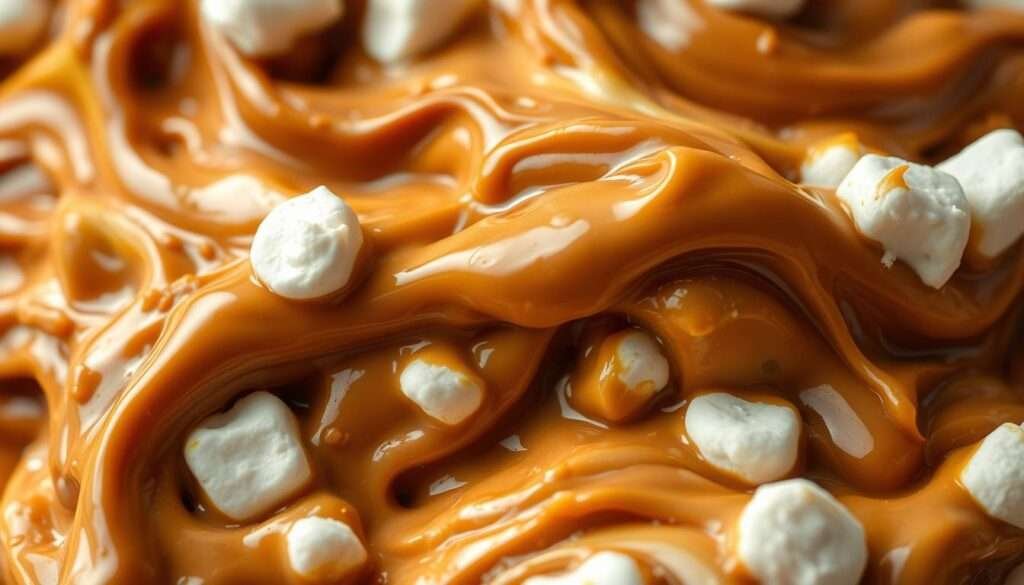 A gooey, golden mass of melted chocolate and marshmallow cream, oozing and dripping with a rich, decadent texture. Thick, creamy swirls of chocolate and fluffy white marshmallow fluff, illuminated by soft, warm lighting that casts a heavenly glow. The luscious mixture is captured in close-up, filling the frame with its irresistible allure. Glossy highlights and subtle shadows accentuate the tempting, mouthwatering appearance, inviting the viewer to indulge in this irresistible treat. The overall mood is one of pure, indulgent satisfaction - a delectable s'more bar in all its gooey, golden glory.