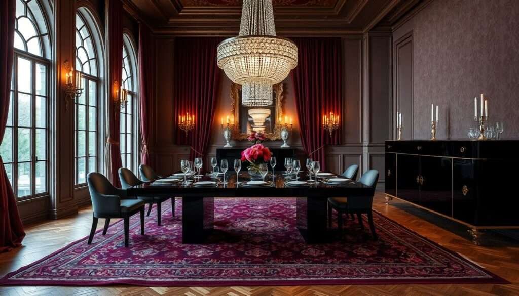 A grand, opulent dining room with a sparkling crystal chandelier cascading over a sleek, rectangular ebony table set for an elegant soiree. Plush velvet curtains in a rich jewel-toned hue frame towering windows, while metallic sconces and a gilded mirror create a warm, inviting glow. The parquet floor is adorned with an ornate, Persian-inspired rug in deep burgundy and navy. A dramatic, Art Deco-inspired sideboard in glossy black lacquer stands proudly against the wall, adorned with a curated display of crystalline glassware and vintage candlesticks. The overall effect is one of effortless sophistication and refined glamour.