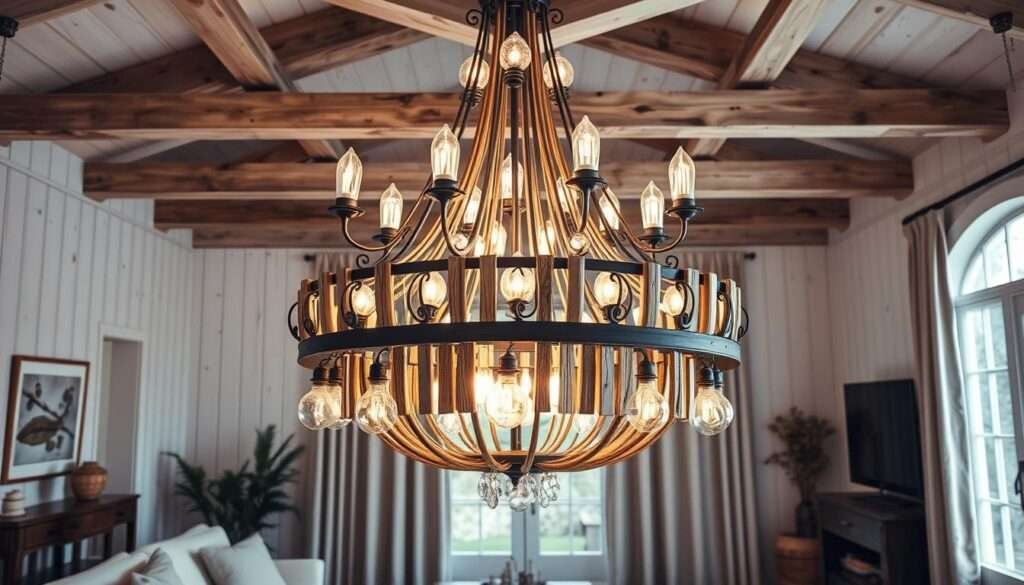A grand, rustic farmhouse chandelier hangs gracefully, its wrought iron frame adorned with cascading tiers of weathered wooden beams and delicate glass globes. Soft, ambient lighting emanates from the fixture, casting a warm, inviting glow over the cozy living space. In the background, whitewashed wood paneling and exposed ceiling beams create a charming, country-chic aesthetic, while textured linen curtains and plush, earthy area rugs ground the scene in a sense of timeless, elegant simplicity. The overall composition conveys a harmonious balance of modern farmhouse style and timeless, rustic appeal.