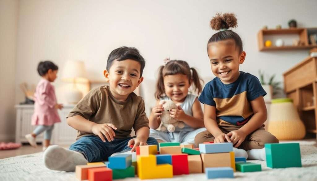 A group of happy, diverse toddlers playing together in a warm, inviting home setting. In the foreground, two young children, a boy and a girl, sit on the floor playing with colorful building blocks. In the middle ground, another child stands nearby, examining a plush toy. The background features a cozy living room with soft lighting, pastel-colored walls, and a few basic but cheerful decorations. The scene conveys a sense of safety, comfort, and the joy of childhood exploration.