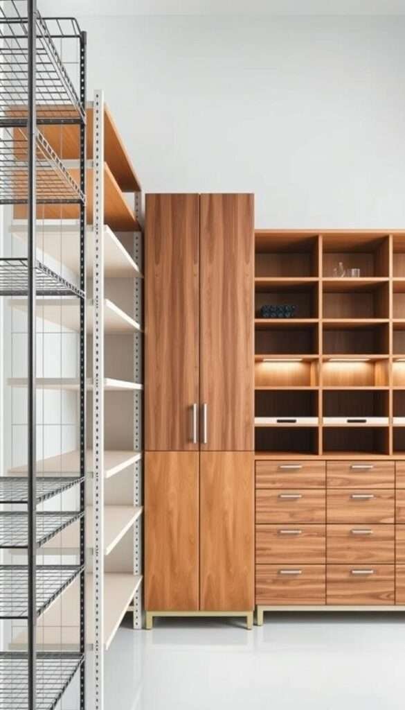 A high-angle, well-lit studio shot showcasing a vertical grid of storage solutions, ranging from basic shelves to luxurious cabinet systems. In the foreground, a simple and affordable wire rack contrasts with a sleek, wood-paneled cabinet in the middle ground. In the background, a high-end, modular storage system with built-in lighting and drawers takes center stage. The image emphasizes the visual differences in style, materials, and functionality across a spectrum of budget-friendly to premium vertical storage options.