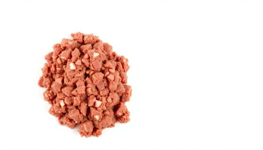 A high-quality close-up shot of freshly ground lean ground beef, neatly arranged in the foreground against a clean white background. The beef has a rich, reddish-brown color and a coarse, granular texture, evenly distributed with visible flecks of fat. The lighting is soft and even, casting subtle shadows that accentuate the three-dimensional form of the meat. The composition is centered, filling the frame to showcase the ingredient in detail, with a shallow depth of field to isolate the subject. The mood is clean, minimalist, and appetizing, inviting the viewer to focus on the essential qualities of the ground beef.