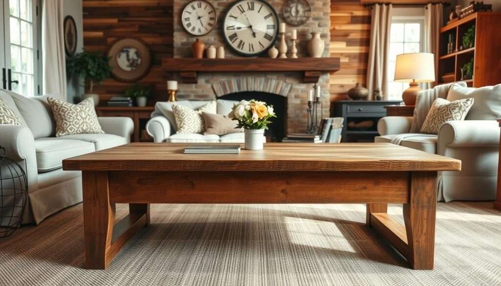 A high-quality, detailed coffee table sizing guide in a warm, inviting farmhouse living room setting. The foreground features a rustic wooden coffee table with a thick distressed top and sturdy tapered legs, positioned prominently in the center of the frame. The middle ground shows a plush, overstuffed sofa and armchair in a neutral linen fabric, complemented by natural wood accents and vintage-inspired decor. The background depicts a cozy fireplace with a mantel adorned with antique vases and candlesticks, creating a sense of homey ambiance. The lighting is soft and natural, with a combination of sunlight filtering through windows and gentle lamp illumination. The overall scene conveys a welcoming, lived-in aesthetic that perfectly aligns with the farmhouse living room theme.