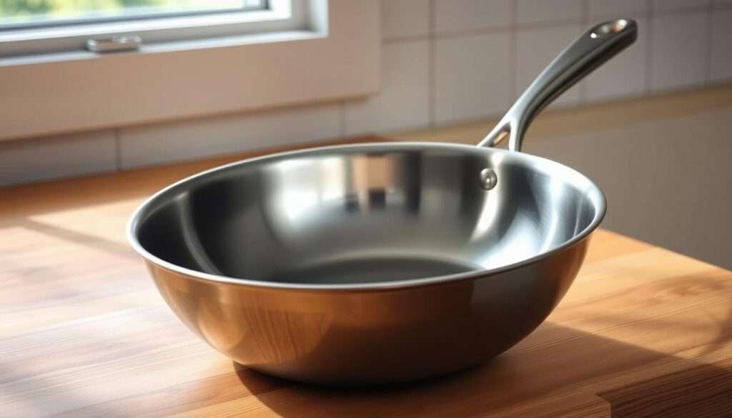 A highly detailed, gleaming stainless steel skillet, prominently displayed on a wooden kitchen counter. The skillet is slightly tilted, revealing its smooth, curved interior. Soft, natural lighting from a nearby window illuminates the skillet, casting gentle shadows and highlights that accentuate its polished surface. The skillet is the focal point, occupying the center of the frame, with a clean, minimalist background that allows the tool to take center stage. The overall mood is one of practical functionality and culinary potential, inviting the viewer to imagine the delicious meals that could be prepared within this essential kitchen implement.
