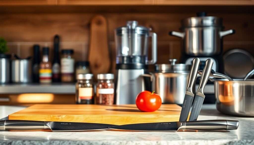 A kitchen counter, bathed in warm, natural light, showcases an array of essential cooking tools. In the foreground, a set of high-quality stainless steel knives, their blades gleaming, are neatly arranged. In the middle ground, a sturdy cutting board, a neatly organized spice rack, and a sleek, modern food processor stand ready for action. In the background, a shiny set of pots and pans, ready to be put to use in creating delicious, healthy meals. The scene exudes a sense of efficiency and practicality, perfectly capturing the tools needed to prepare nutritious family dinners in less than 30 minutes.