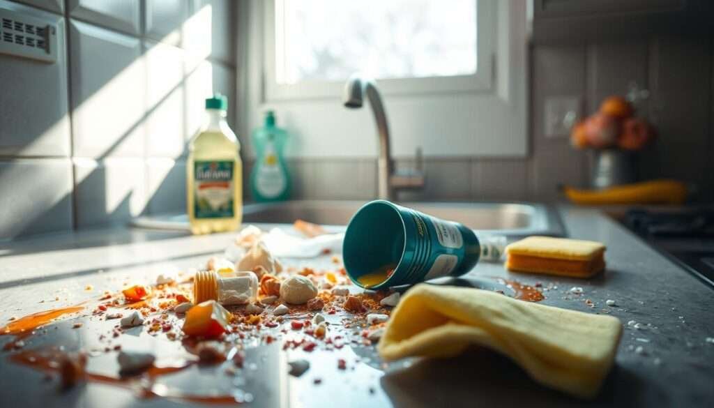 A kitchen counter covered in spilled ingredients, with a bottle of dish soap and a sponge nearby, suggesting a mess that needs to be cleaned up. The scene is lit by natural light streaming in from a window, casting soft shadows and highlighting the texture of the surfaces. The mood is one of minor frustration but also a sense of resolution, as the "comes clean" metaphor is visually represented. The composition emphasizes the disarray in the foreground, with the tidy background hinting at the desired end state.