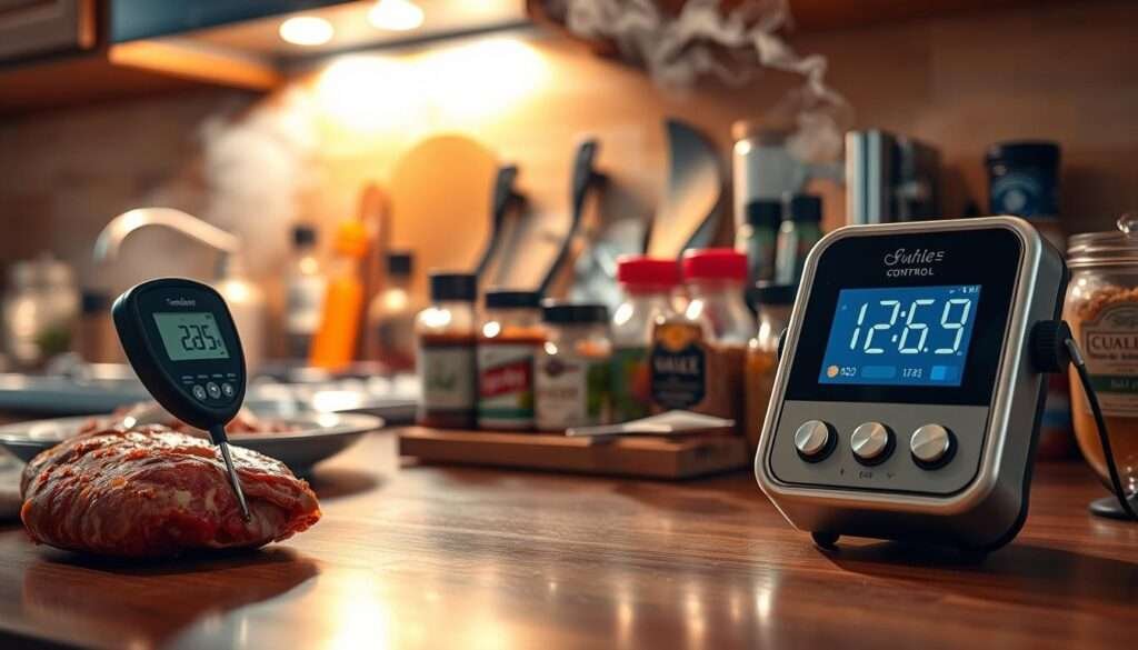 A kitchen counter, illuminated by warm, natural lighting, showcases a variety of kitchen tools and appliances related to temperature control. In the foreground, a digital meat thermometer displays a precise temperature reading, while a sleek, modern oven timer ticks away. In the middle ground, a collection of spices, herbs, and sauces sits neatly organized, hinting at the complex flavors to be balanced. In the background, a subtle, steam-filled haze creates an atmospheric, culinary ambiance, suggesting the careful management of heat essential for the perfect spicy Southern chicken spaghetti casserole.