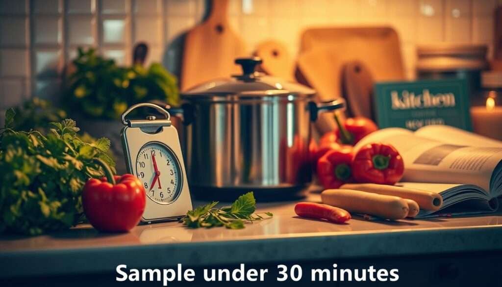A kitchen counter with various kitchen utensils and ingredients, including a timer, a cooking pot, fresh vegetables, and a cookbook. The scene is bathed in warm, golden lighting, creating a cozy and inviting atmosphere. The focus is on the timer, prominently displayed, indicating the passage of time and the idea of a "30-minute" dinner. The arrangement of the items suggests a sense of organization and efficiency, reflecting the "simple" and "under 30 minutes" themes. The overall composition conveys a sense of culinary creativity and the possibility of a delightful, quick-to-prepare meal.