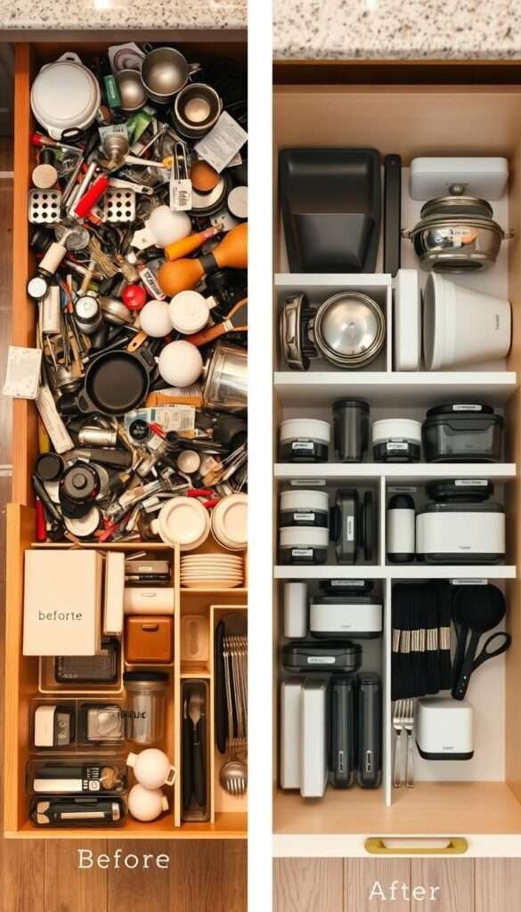 A kitchen drawer split into two contrasting scenes. In the cluttered "before" frame, a jumbled mess of cookware, utensils, and odds and ends spill out haphazardly. Disorganized chaos reigns supreme, with items strewn about in no apparent order. In the "after" frame, the same drawer has been meticulously organized, with each item neatly compartmentalized and positioned for easy access. Sleek dividers, labeled containers, and a minimalist aesthetic create a sense of harmonious efficiency. Warm, diffused lighting illuminates the orderly display, casting a soft glow that underscores the transformation. The contrast between the two scenes is stark, highlighting how thoughtful vertical storage can tame the hidden chaos of a cluttered kitchen.