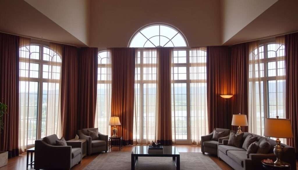 A large, elegant living room with floor-to-ceiling windows that let in abundant natural light. The windows are dressed in full, luxurious drapes made of rich, flowing fabric in a warm, earthy tone. The drapes are carefully layered with sheer, light-filtering panels that create a soft, ambient glow throughout the space. The lighting is balanced, with a mix of natural illumination and strategically placed lamps that cast a cozy, inviting atmosphere. The windows have a slight bow, adding a touch of architectural interest and framing the picturesque outdoor view beyond. The overall effect is one of refined comfort and tasteful style, perfectly complementing the living room's inviting and relaxing ambiance.