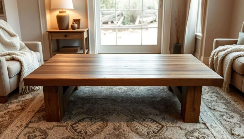 A large, solid oak coffee table stands prominently in the center of the room, its smooth, rustic surface reflecting the warm, muted lighting. The table's substantial frame grounds the space, anchoring the eye and lending a sense of weight and stability. Subtle distressed details add visual interest, while the table's generous proportions create a cozy, inviting atmosphere. Soft, plush rugs and textured throws surrounding the table contribute to the room's overall sense of comfort and coziness, making it a natural gathering place.