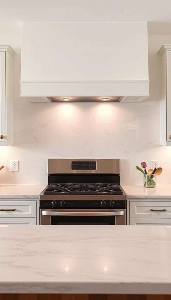 A large, well-lit kitchen with a smooth, seamless marble-patterned backsplash covering the entire wall behind the stove and countertops. The backsplash has a realistic, high-quality texture that reflects the warm, soft lighting of the kitchen. The installation appears flawless, with clean edges and no visible seams. The overall effect creates an elegant, upscale aesthetic that instantly elevates the space. The backsplash is the focal point, drawing the eye and creating a sense of luxury and sophistication in this budget-friendly small kitchen upgrade.
