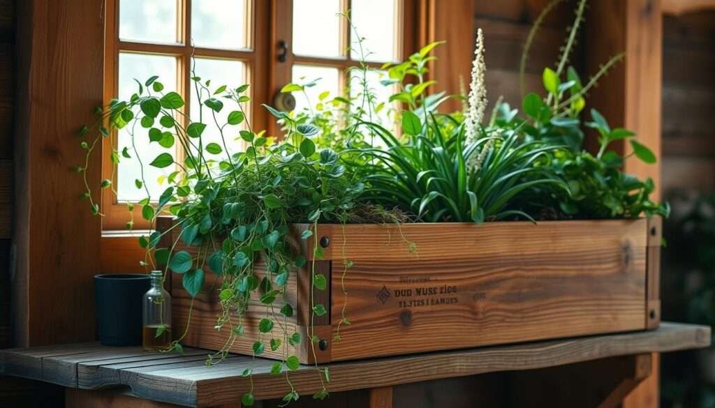 A large, wooden planter box filled with lush greenery, including a variety of trailing vines, leafy plants, and small succulents. The box is positioned on a rustic wooden shelf, with natural lighting filtering in from a nearby window, casting a warm, earthy glow. The scene has a DIY, handcrafted feel, suggesting the planter was assembled with care and attention to detail. The overall composition evokes a sense of tranquility and connection with nature, perfectly complementing the "DIY living wall starter" concept for a cozy, biophilic living room design.