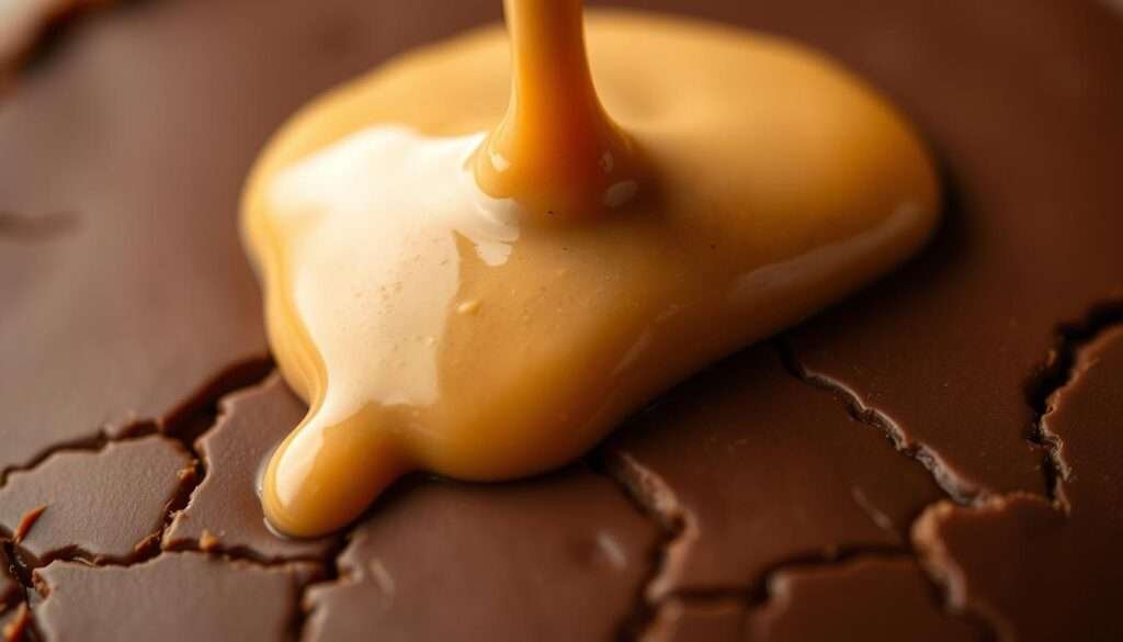 A luscious, close-up view of a creamy peanut butter drizzle cascading over a rich, chocolate-y surface, capturing the indulgent essence of a peanut butter cup. The glossy, smooth texture of the peanut butter contrasts beautifully with the slightly cracked, fudgy backdrop, creating a visually tantalizing harmony. Soft, warm lighting bathes the scene, evoking a comforting, homemade atmosphere. The composition is framed tightly, drawing the viewer's gaze directly to the delectable flavor profile. Subtle shadows and highlights accentuate the depth and dimension of the peanut butter's luscious flow, while the deep brown tones of the chocolate create a decadent, inviting palette.