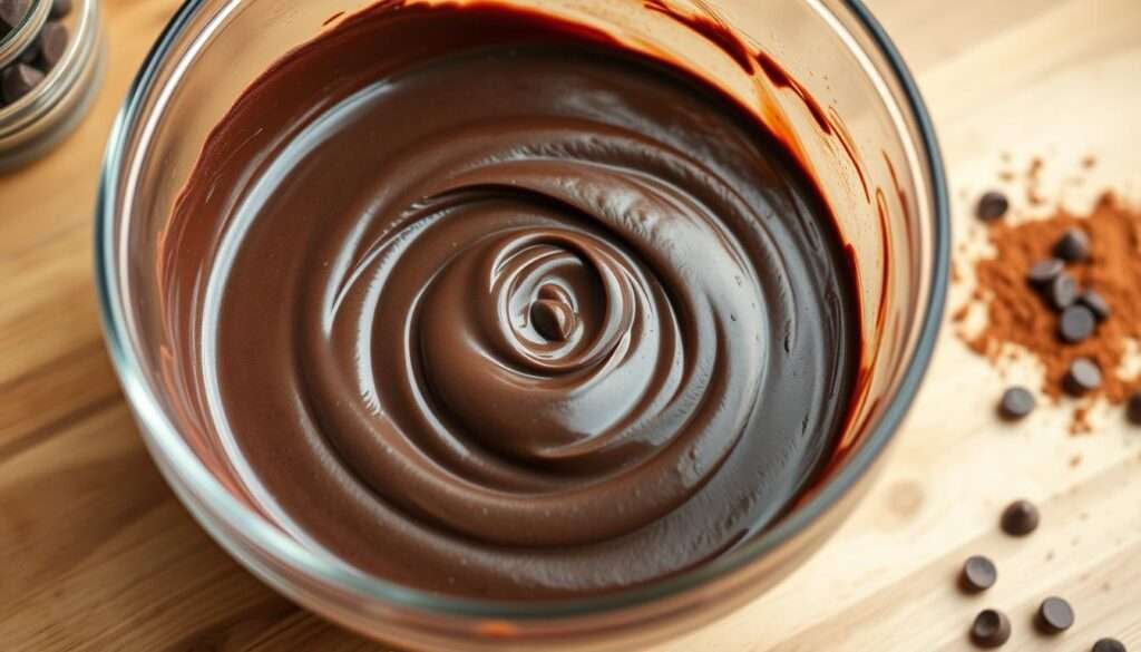 A luscious, silky smooth chocolate brownie batter swirling in a glass mixing bowl, reflecting the warm, mellow lighting of the kitchen. The batter is a rich, velvety brown color, with flecks of dark chocolate visible throughout. The surface is slightly glossy, hinting at the decadent, fudgy texture to come. The bowl is positioned on a clean, wooden countertop, with a small scattering of cocoa powder and chocolate chips nearby, suggesting the process of creating this irresistible treat. The overall mood is one of temptation and indulgence, drawing the viewer in with the promise of a truly mouthwatering chocolate experience.