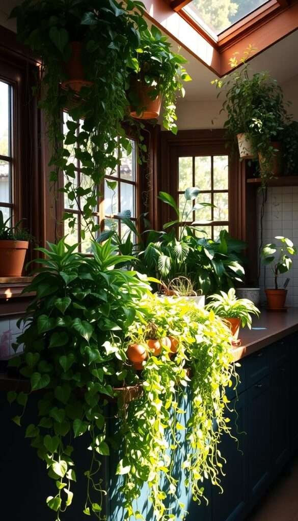 A lush and vibrant kitchen counter, adorned with an array of thriving potted plants and greenery. In the foreground, a variety of lush, trailing vines cascade gracefully, complemented by tall, leafy plants in the middle ground. Sunlight streams in through large windows, casting a warm, natural glow over the scene. The plants appear healthy and well-cared for, creating a cozy, boho-inspired atmosphere that brings the outdoors in. The overall composition is balanced and visually appealing, inviting the viewer to imagine themselves in this serene, plant-filled kitchen oasis.