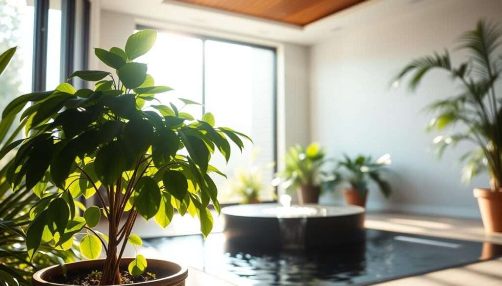 A lush, tranquil indoor oasis filled with natural light, air, and water. In the foreground, a potted plant with lush, verdant foliage gently sways in a soft breeze. Behind it, a floor-to-ceiling window allows sunlight to stream in, casting a warm glow and creating a play of shadows. In the middle ground, a small, sleek water feature bubbles softly, its surface reflecting the natural light. The background is a serene, minimalist space with clean lines and neutral tones, allowing the organic elements to take center stage. The overall atmosphere is one of calm, balance, and a harmonious fusion of the elemental forces of light, air, and water.