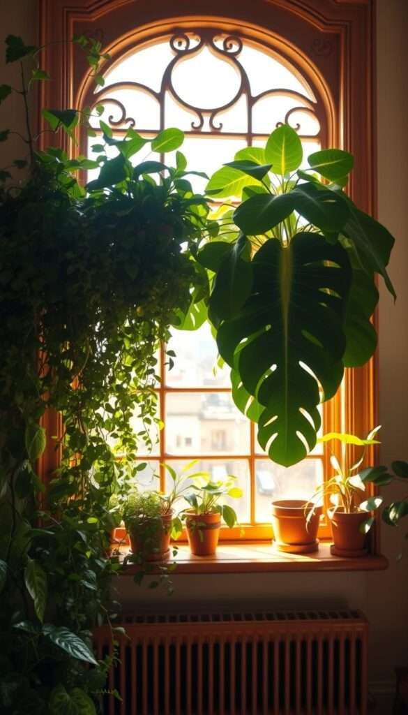 A lush, verdant arrangement of potted plants cascading from a windowsill, illuminated by warm, natural light streaming through a large, ornate window frame. The foreground features an array of thriving, leafy houseplants, including trailing vines, ferns, and a majestic fiddle-leaf fig. The middle ground showcases a wooden window seat, inviting one to pause and admire the captivating scene. In the background, the room is bathed in a soft, golden glow, creating a cozy, inviting ambiance. The image evokes a sense of tranquility and a connection to the natural world, perfectly capturing the essence of the "Plants, Windows, and Natural Light" section.