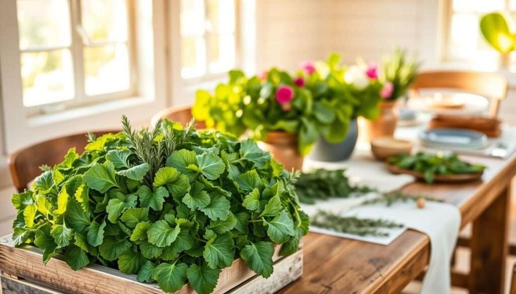 A lush, vibrant arrangement of fresh farmhouse greens in a rustic, sun-dappled setting. In the foreground, a bountiful bouquet of verdant foliage, including flourishing kale, lush spinach, and vibrant herbs like rosemary and thyme, nestled in a weathered wooden crate. The middle ground features a weathered farmhouse table, its surface adorned with a crisp, white linen runner and accented by natural elements like weathered wood, rough-hewn ironstone, and the occasional pop of color from a stray bloom. Warm, golden light filters through the windows, casting a soft, glowing ambiance across the scene. The background is filled with the gentle, textural presence of whitewashed shiplap walls, creating a serene and inviting farmhouse aesthetic.