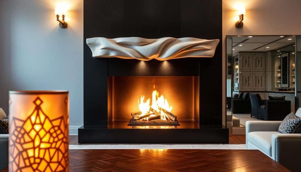 A luxurious designer fireplace surround in a cozy living room. In the foreground, a stunning copper plaster surround with intricate geometric patterns casts a warm glow. The middle ground features a sculptural plaster mantel with organic, flowing forms. In the background, a sleek mirrored tile surround reflects the flickering firelight, creating an illusion of depth. Soft, diffused lighting from sconces and the fireplace illuminates the space, evoking a serene, high-end ambiance. The overall scene exudes a sense of refined elegance and sophisticated style.