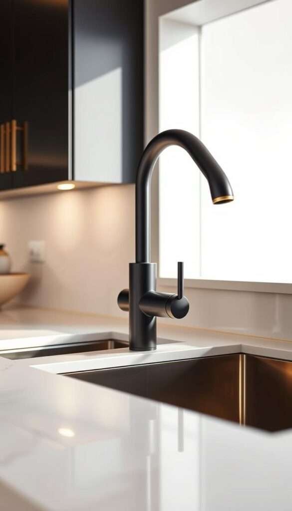 A matte black pull-down faucet gracefully emerging from a gleaming brass-accented cabinet, casting warm, soft lighting over the sleek, modern kitchen design. The faucet's angular silhouette stands in striking contrast to the rich, burnished hardware, creating a harmonious fusion of textures and tones. Captured in a clean, minimalist setting, the image exudes a sense of refined elegance, inviting the viewer to imagine the luxurious feel of this budget-friendly kitchen upgrade.