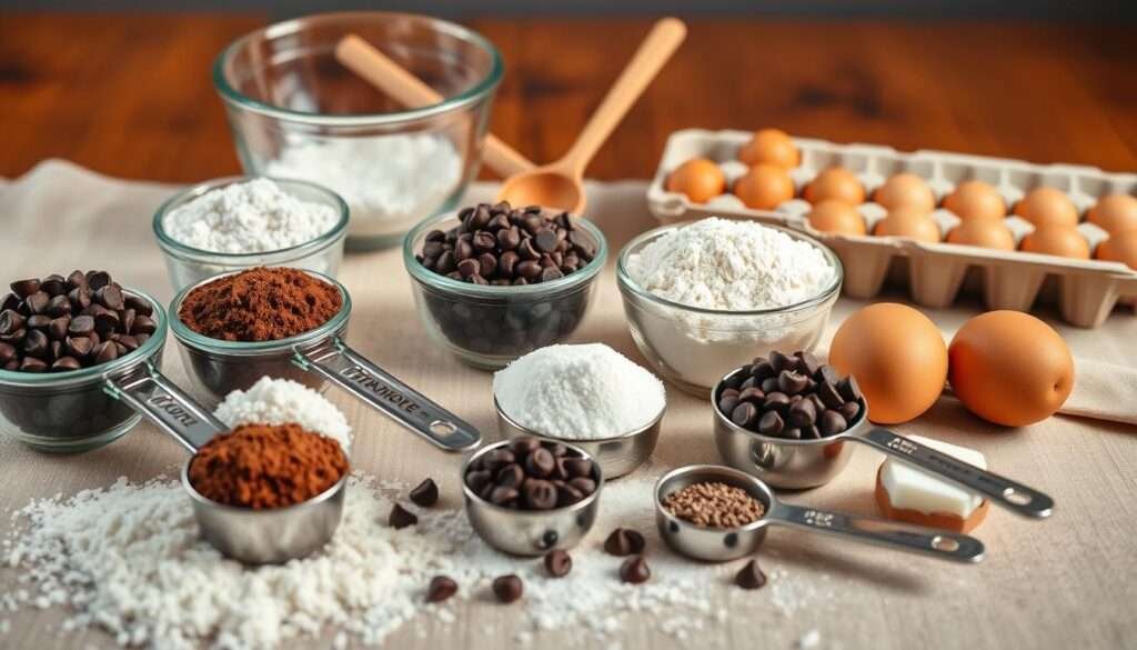 A meticulously arranged still life of baking ingredients for the perfect fudgy chewy brownies (brookies). In the foreground, an array of measuring cups and spoons filled with precisely portioned flour, cocoa powder, sugar, and chocolate chips. In the middle ground, a mixing bowl, wooden spoon, and an open carton of eggs. In the background, a rich wooden table with a linen cloth, casting warm, diffuse lighting across the scene. The ingredients are organized with care, conveying a sense of culinary expertise and attention to detail. The overall mood is one of cozy, inviting domesticity, ready to inspire the creation of a decadent, homemade treat.