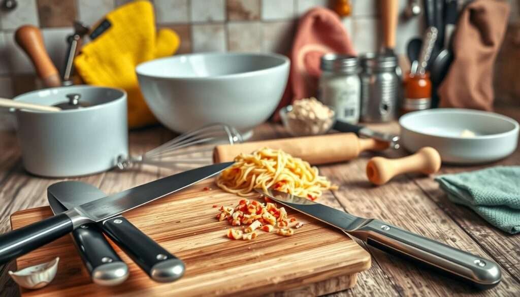 A meticulously arranged still life of essential kitchen tools for preparing a savory spicy southern chicken spaghetti casserole. In the foreground, a set of sharp stainless steel knives, a wooden cutting board, and a garlic press gleam under soft, directional lighting. In the middle ground, a large ceramic mixing bowl, a whisk, and a sturdy rolling pin sit atop a rustic wooden table. In the background, a set of measuring cups and spoons, a can opener, and a pair of oven mitts add depth and context. The overall scene conveys a sense of culinary expertise, organization, and the promise of a delicious homemade meal.