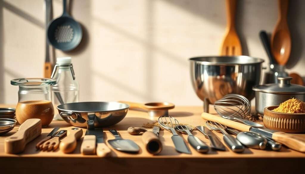 A meticulously crafted, well-lit tabletop scene featuring an assortment of cooking tools and utensils arranged in a visually appealing layout. The foreground showcases a variety of essential kitchen implements such as a knife, spoon, whisk, and spatula, strategically positioned to emphasize their importance and functionality. The middle ground includes larger tools like a mixing bowl, ladle, and peeler, while the background contains a neutral-toned, softly blurred backdrop to keep the focus on the culinary essentials. Warm, natural lighting casts gentle shadows, creating depth and a sense of depth. The overall mood is one of organization, utility, and the joy of home cooking.