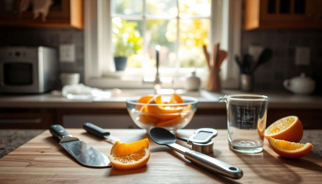 A meticulously organized kitchen workspace, illuminated by soft natural light filtering through a nearby window. In the foreground, an assortment of essential cooking tools are neatly arranged on a wooden cutting board - a sharp chef's knife, a sturdy spatula, a delicate zester, and a precision measuring cup. In the middle ground, a bowl of freshly peeled orange segments rests, awaiting their transformation. The background subtly suggests the recipe's origins, with hints of citrus trees and a sun-dappled garden visible through the window. The overall atmosphere is one of thoughtful preparation, where each tool serves a specific purpose in crafting a delectable culinary masterpiece.
