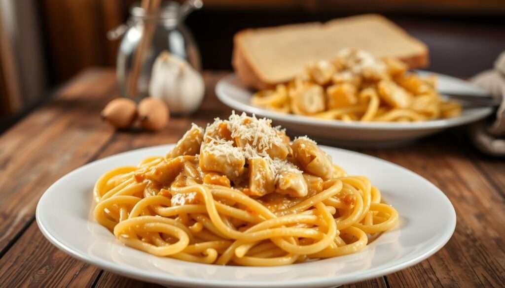 A meticulously prepared 30-minute meal, the creamy garlic parmesan chicken pasta is a hearty, comforting dish. In the foreground, a plate showcases the sumptuous, al dente pasta, coated in a rich, velvety sauce, garnished with tender chicken and a generous sprinkling of freshly grated parmesan. The middle ground features a wooden table with a rustic, weathered texture, setting the scene for this effortless yet elegant dish. The background is softly blurred, evoking a cozy, intimate atmosphere, with a warm, golden light cast upon the scene, highlighting the dish's inviting, homemade appeal. The overall mood is one of effortless sophistication, enticing the viewer to savor every bite of this irresistible 30-minute masterpiece.