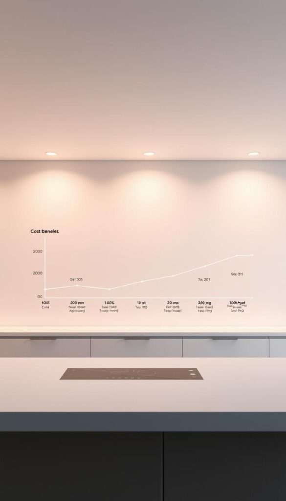 A meticulously rendered diagram depicting the cost-benefit analysis of smart kitchen investments over time, set against a clean, minimalist background. In the foreground, a sleek, futuristic kitchen with integrated smart appliances and touchscreen controls. In the middle ground, a timeline graph charting the costs and potential savings of smart kitchen upgrades, with lines and data visualizations rendered in a crisp, technical style. The background features a neutral, gradient-based color scheme, allowing the analytical data to take center stage. Subtle lighting from above casts a warm, professional glow over the entire scene, while the camera angle provides a balanced, symmetrical view that emphasizes the logical, well-reasoned nature of the analysis.