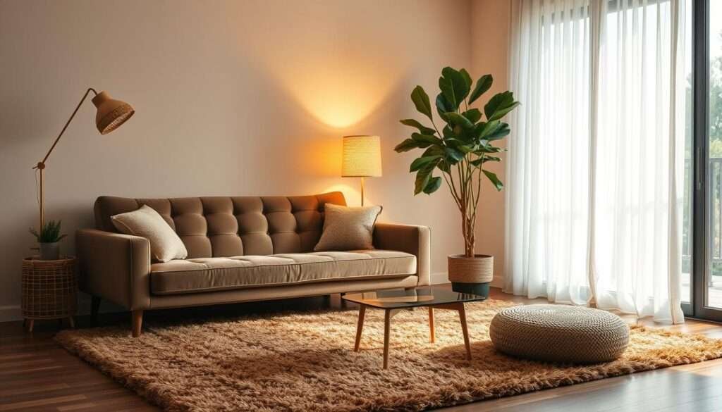 A mid-century-inspired living room vignette, bathed in warm, diffused lighting. A low-profile sofa with tufted velvet upholstery sits atop a shaggy, earthy-hued rug. Beside it, a rattan floor lamp casts a golden glow, complementing the fiddle-leaf fig plant in the corner. The space is anchored by a sleek, low-slung coffee table, creating a cozy, harmonious Japandi-boho fusion. Soft, natural textures and an abundance of greenery lend a sense of organic, Nordic-inspired coziness to the scene.