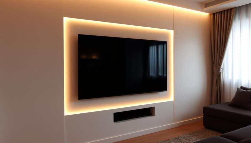 A minimalist TV wall with sleek, ambient lighting design. Soft, indirect illumination highlights the clean lines and seamless integration of the television. Recessed LED strips cast a warm, diffused glow along the edges, creating a cozy, theater-like atmosphere. The lighting is precisely angled to avoid glare or hot spots, providing an even, subtle luminance that enhances the TV's display without distracting from it. The overall effect is a harmonious, sophisticated living space that showcases the TV as a central design element rather than an obtrusive focal point.
