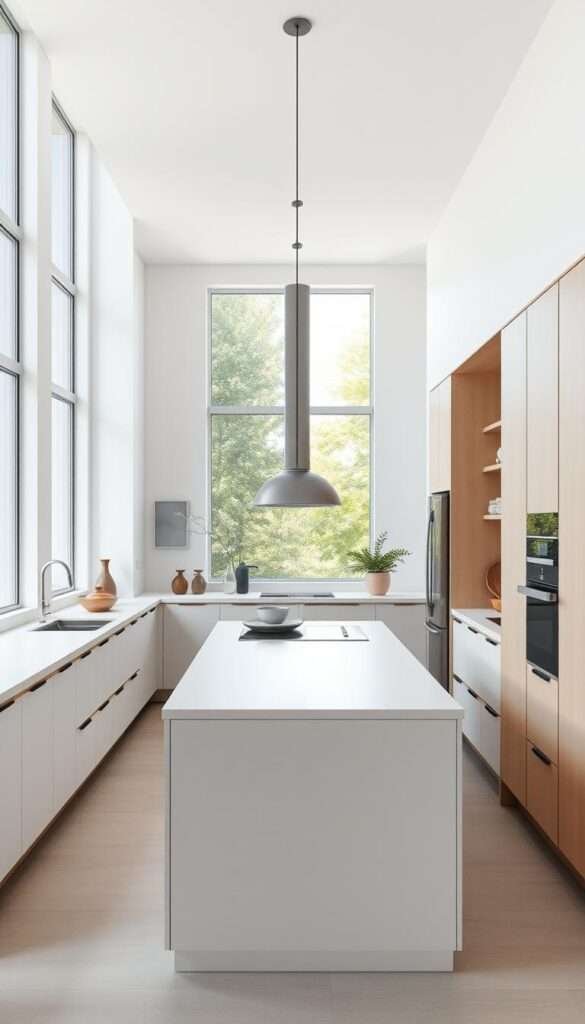 A minimalist and efficient galley kitchen layout with a multifunctional island in the foreground. The island features sleek, modern appliances and ample counter space, creating a functional and visually appealing focal point. The middle ground showcases clean lines, muted color tones, and thoughtfully placed storage solutions, emphasizing a sense of order and simplicity. In the background, large windows flood the space with natural light, blending the kitchen seamlessly with the surrounding environment. The overall scene conveys a harmonious, well-designed space that maximizes functionality and aesthetics within a compact footprint.