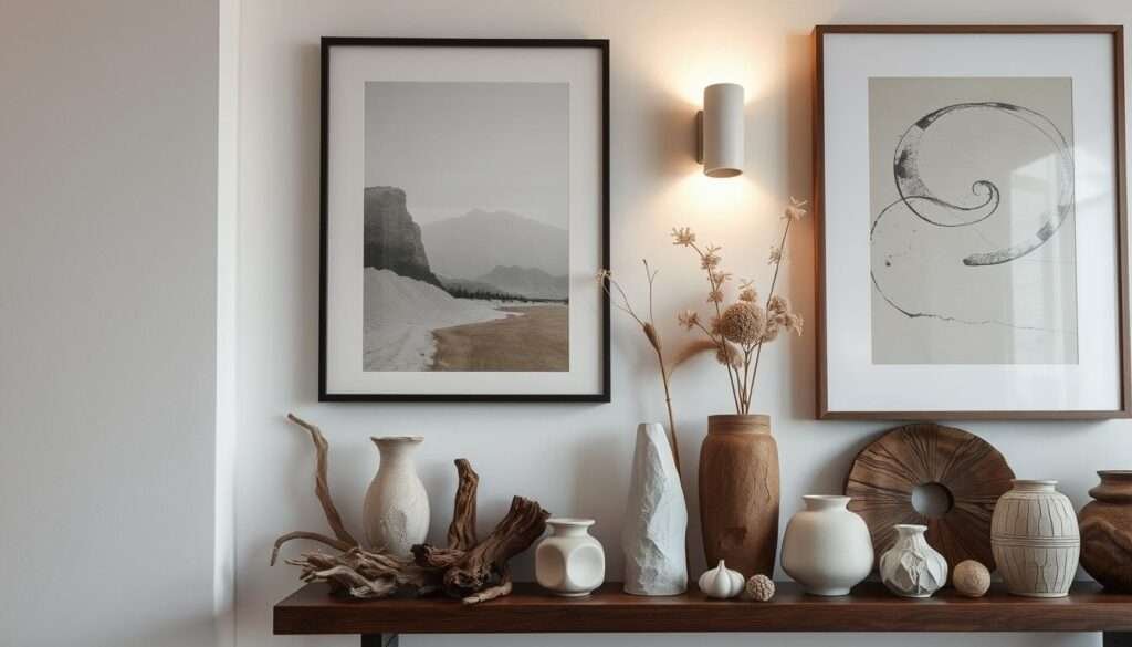 A minimalist, artfully curated wall display featuring a mix of framed abstract paintings, hand-crafted ceramic sculptures, and natural elements like driftwood and dried flowers. The composition is balanced and harmonious, with soft, diffused lighting from a hidden sconce highlighting the textures and colors. The overall mood is one of calm introspection, inviting the viewer to pause and appreciate the personal, meaningful accents that bring warmth and character to the space.