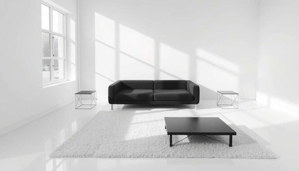 A minimalist black and white living room with a clean, geometric design. The space features a large window flooding the room with natural light, casting dramatic shadows across the bare, white walls. A low-profile, matte black sofa sits centered, surrounded by a white, shag area rug. Simple, angular metal side tables flank the sofa, while a sleek, black coffee table grounds the composition. The room has an airy, sophisticated atmosphere, emphasizing bold contrasts and elegant simplicity.