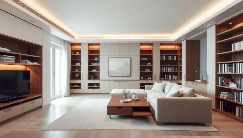 A minimalist, clutter-free living room with sleek, hidden storage solutions. Neatly tucked-away shelving units and cabinets line the walls, seamlessly blending into the neutral, monochromatic decor. Soft, warm lighting casts a cozy glow, highlighting the clean lines and uncluttered surfaces. A large, plush sofa anchors the space, complemented by a low, wooden coffee table with subtle, built-in storage compartments. Tall, floor-to-ceiling bookshelves flank the room, their contents hidden behind sliding panels. The overall atmosphere is one of simplicity, serenity and effortless organization.