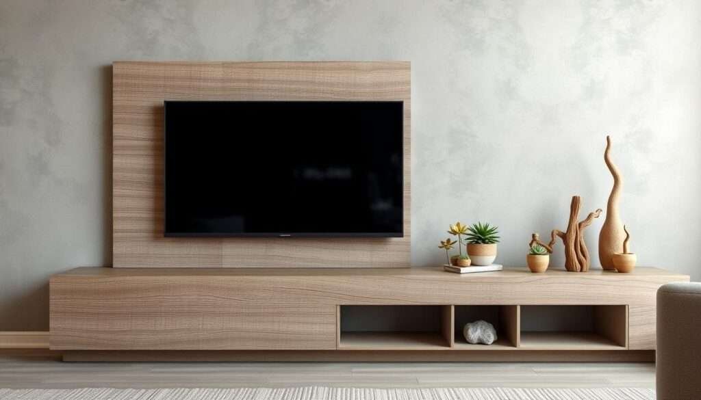 A minimalist, coastal-inspired TV wall design with a natural, weathered aesthetic. In the foreground, a large, flat-screen TV is mounted on a textured, driftwood-inspired panel. The middle ground features a built-in shelf unit with clean lines, accented by decorative elements such as potted succulents, natural stone accents, and driftwood sculptures. The background showcases a muted, neutral-toned wall with a subtle, washed-out texture, evoking the feel of a serene beach house. The lighting is soft and diffused, creating a calming, ambient atmosphere. The overall design is simple, yet visually intriguing, capturing the essence of a minimalist, coastal-inspired living space.