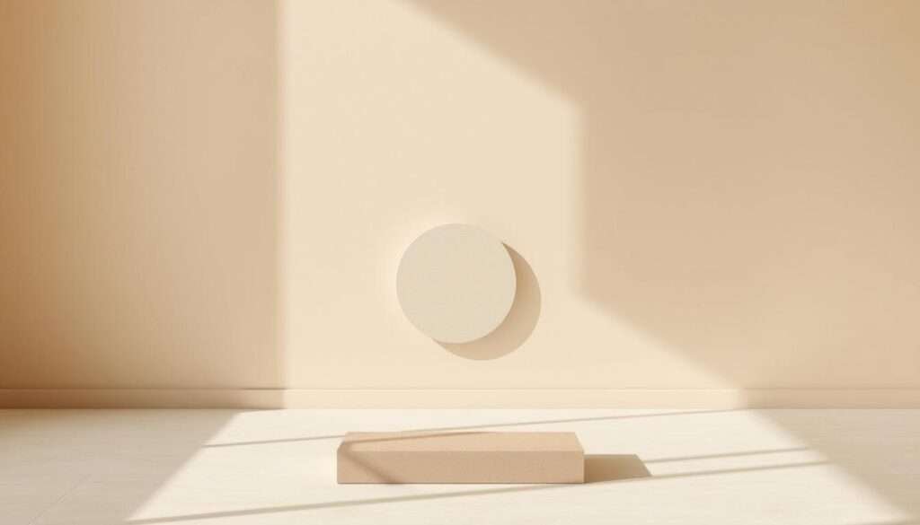 A minimalist composition featuring a harmonious palette of three muted tones. The foreground showcases a simple geometric shape, perhaps a square or rectangle, rendered in a soft, earthy hue. The middle ground features a second shape, perhaps a circle or triangle, in a complementary neutral tone. The background is a solid expanse of a third, subtly contrasting neutral tone, creating a sense of depth and balance. The lighting is natural and diffused, casting soft shadows and highlighting the clean, uncluttered design. The overall mood is one of tranquility, serenity, and refined elegance, perfectly suited for a minimalist living room.