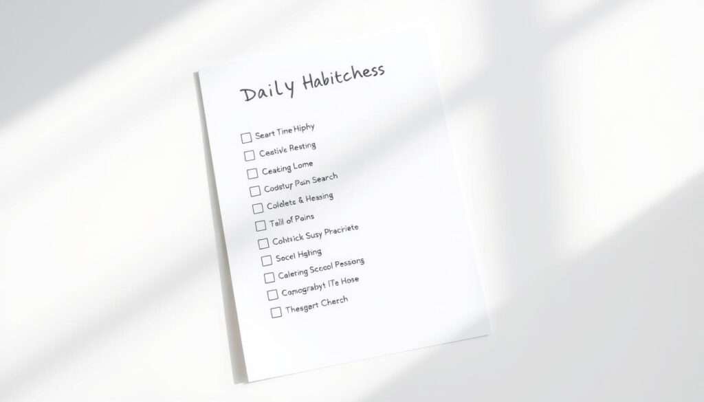 A minimalist daily habits checklist displayed on a clean white surface, with soft natural lighting casting subtle shadows. The checklist items are neatly written in a modern, sans-serif font, each task represented by a simple icon or symbol. The layout is balanced and organized, reflecting a streamlined, uncluttered approach to maintaining a minimalist lifestyle. The overall atmosphere is calming, inviting, and focused, encouraging mindful daily routines.