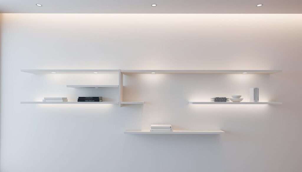 A minimalist, floating wall-mounted shelving design with clean lines and simple geometric shapes. The shelves have a sleek, matte finish in a neutral color palette, such as white, grey, or natural wood tones. The shelving is arranged in an asymmetric, visually-balanced layout, creating a sense of visual interest. Indirect, diffused lighting from above casts a soft, even glow, highlighting the shelves and the objects displayed on them. The overall atmosphere is serene, sophisticated, and uncluttered, perfectly complementing a minimalist living room decor.