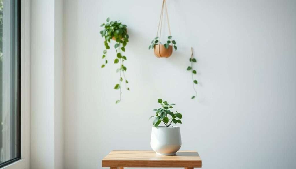 A minimalist indoor greenery scene, bathed in soft, natural lighting from a large window. In the foreground, a delicate plant in a modern, ceramic planter sits atop a sleek, wooden side table. The middle ground features a lush, trailing vine cascading from a mounted plant holder, its leaves casting gentle shadows. The background showcases a bare, white wall, emphasizing the simplicity and serenity of the space. The overall mood is one of tranquility and a reconnection with nature, creating a calming, meditative atmosphere.