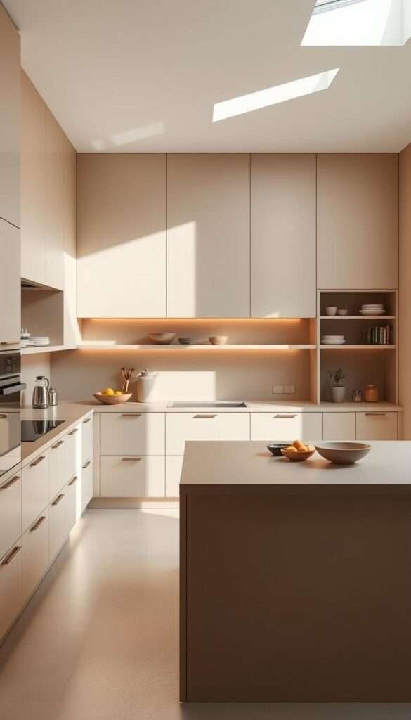 A minimalist kitchen bathed in soft natural light, its sleek cabinets and countertops showcasing efficient storage solutions. The layout features clean lines and a harmonious balance, with a central island serving as the heart of the space. Recessed shelves and hidden compartments maximize every inch, creating an uncluttered, zen-like ambiance. Smooth, matte-finished surfaces in earthy tones complement the overall aesthetic, while strategically placed task lighting accentuates the functional design. The room exudes a sense of calm and intentionality, inviting the viewer to imagine the joys of cooking and entertaining in this thoughtfully crafted minimalist haven.