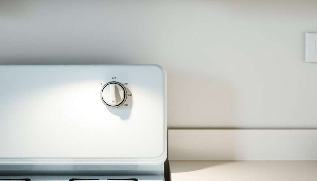 A minimalist kitchen counter with a bright, warm light shining on a simple white oven. The oven dial is clearly visible, set to 350 degrees Fahrenheit, ready to preheat for a delectable baking session. The counter is clean and uncluttered, suggesting a straightforward, no-fuss recipe preparation. The lighting casts a cozy, inviting glow, setting the stage for a homemade, comfort-food indulgence. The overall mood is one of effortless simplicity, reflecting the "one-bowl, step-by-step" instructions of the recipe.