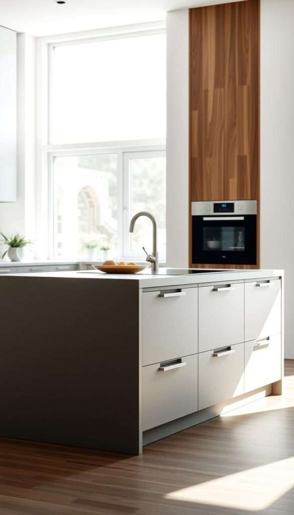 A minimalist kitchen island with a sleek, modern design. It features built-in drawers for storage and a breakfast bar with a clean, uncluttered aesthetic. Bright, natural lighting fills the space, casting a warm glow on the smooth, matte surfaces. The island is positioned in the center of the kitchen, creating a focal point and efficient workspace. The design seamlessly blends form and function, showcasing a minimalist approach that maximizes space and enhances the overall look of the room.
