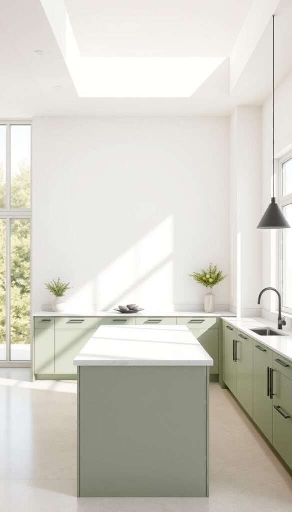 A minimalist kitchen with a neutral color palette and sage green accents. The space is flooded with natural light from large windows, creating a bright and airy atmosphere. The countertops are clean and simple, made of a light-colored material like marble or quartz. Sage green cabinets line the walls, their muted tones complementing the neutral tones of the floor and backsplash. Sleek, minimalist fixtures in matte black or brushed metal add a touch of contrast. The overall composition emphasizes clean lines, open space, and a calming, harmonious aesthetic.