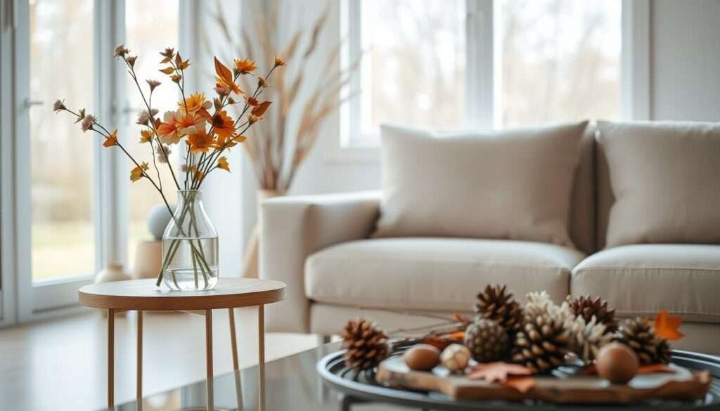 A minimalist living room adorned with a seasonal decor rotation. In the foreground, a simple yet elegant side table holds a delicate vase of fresh flowers, its colors reflecting the current season. The middle ground showcases a carefully curated arrangement of natural elements, such as pinecones, twigs, and dried leaves, arranged in a visually appealing manner. The background features a large window, allowing natural light to flood the space and casting a warm, inviting glow. The overall atmosphere is one of tranquility and balance, where function and flow seamlessly blend with the rhythmic changes of the seasons.