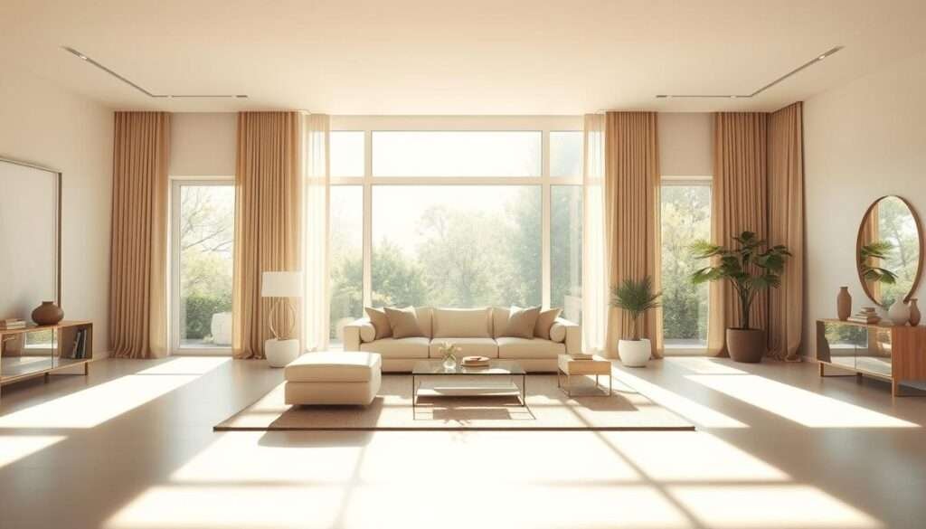 A minimalist living room flooded with warm, natural light streaming through large, open windows. The space feels airy and inviting, with clean lines and a neutral color palette that emphasizes the abundant daylight. Soft, diffused illumination creates a serene atmosphere, gently highlighting the room's simple yet elegant furnishings. A comfortable seating area is positioned to take full advantage of the natural light, while strategically placed mirrors and light-colored accents reflect and amplify the brightness. The overall impression is one of tranquility, openness, and a seamless connection between the indoor and outdoor environments.