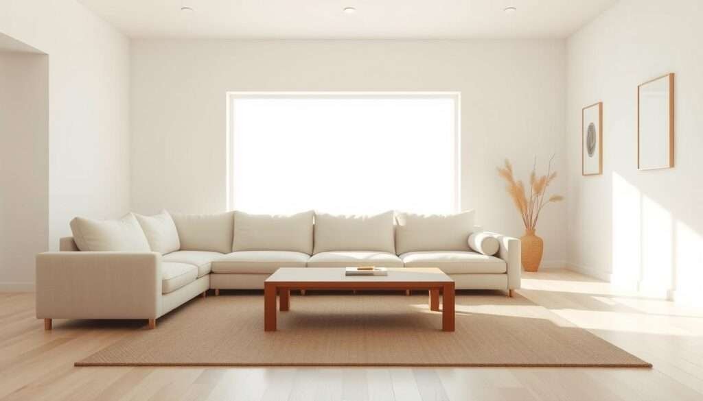 A minimalist living room in soft, neutral tones. The foreground features a plush, ivory-colored sofa with clean, modern lines. In the middle ground, a low, wooden coffee table sits atop a muted, beige area rug. The background showcases a large window that floods the space with natural, diffuse lighting, casting a warm, serene glow. The walls are painted in a subtle, off-white hue, with a single, minimalist wall hanging adding a touch of understated elegance. The overall atmosphere is one of tranquility and simplicity, emphasizing the beauty of the neutral color palette and the uncluttered, harmonious design.