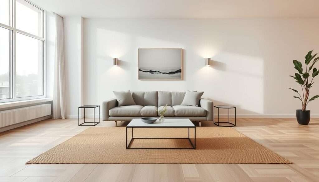 A minimalist living room layout with a clean, open floorplan and harmonious balance. A modern, low-profile sofa in muted tones sits atop a natural fiber area rug, framed by a pair of sleek side tables and a minimalist coffee table. The walls feature a single abstract artwork, bathed in soft, diffused lighting from discreet wall sconces. Large windows allow natural light to flow in, creating a serene, airy atmosphere. The room's design emphasizes simplicity, functionality and a sense of tranquility, promoting a seamless flow of movement and relaxation.